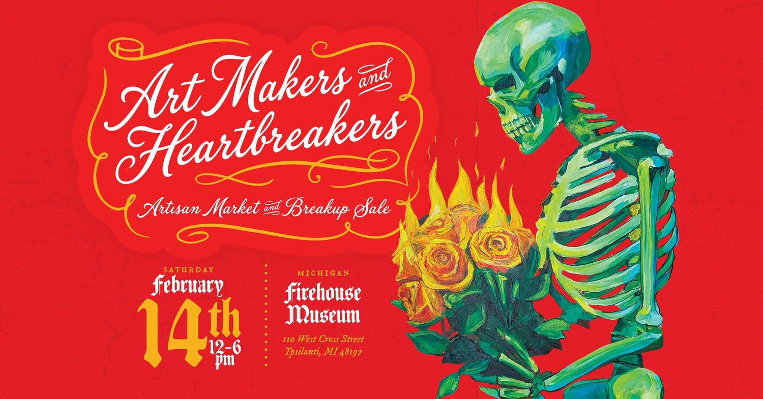 Promotional poster for 'Art Makers and Heartbreakers' event with a skeleton and roses on a red background.
