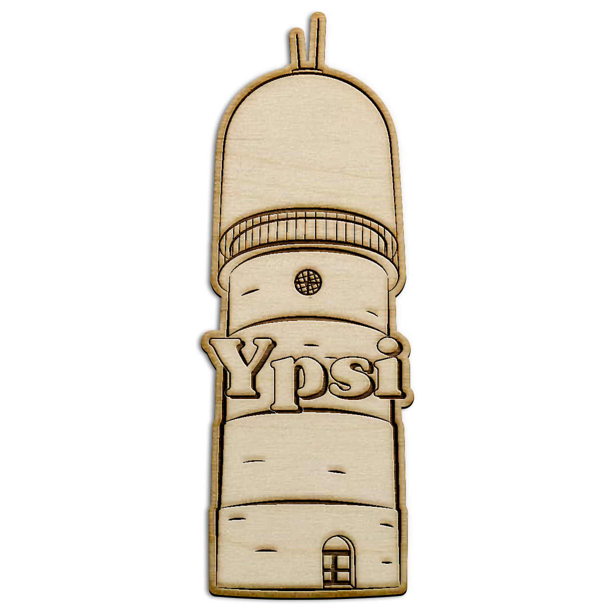 Wooden laser-cut design of a water tower with 'Ypsi' text